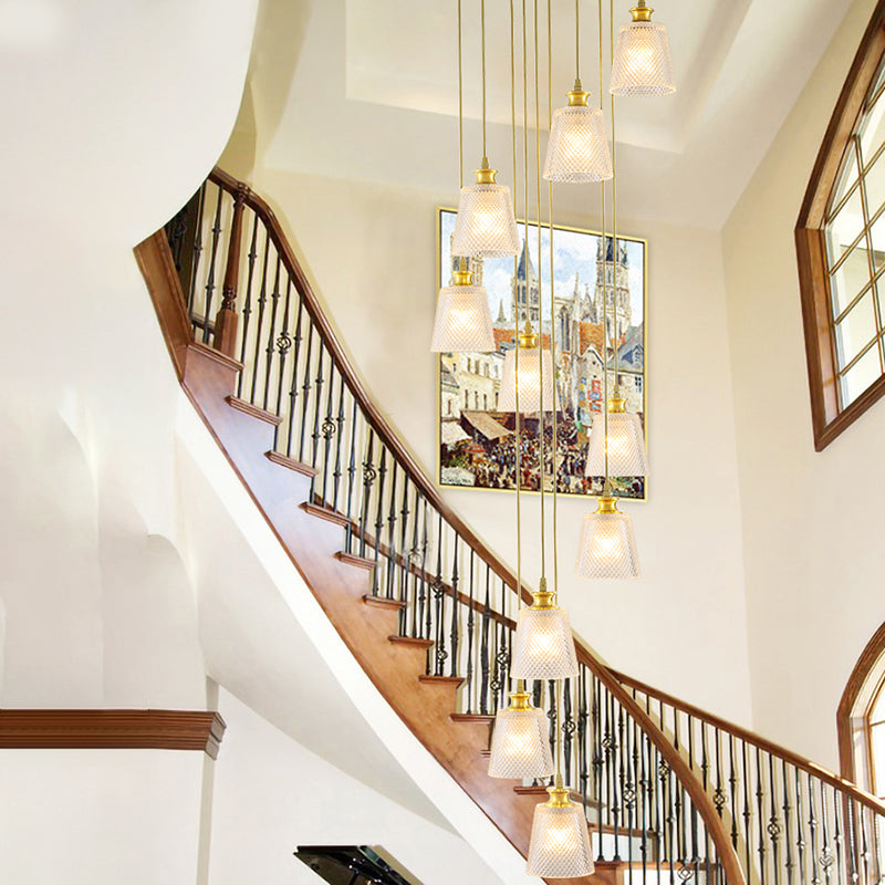 Gold Lattice Glass Staircase Pendant - Bell Shade, 10-Head Simplicity Multi Light