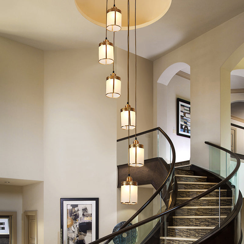 Cylindrical Multi-Ceiling Artistic Light with Frost Glass and Brass Suspension for Staircases