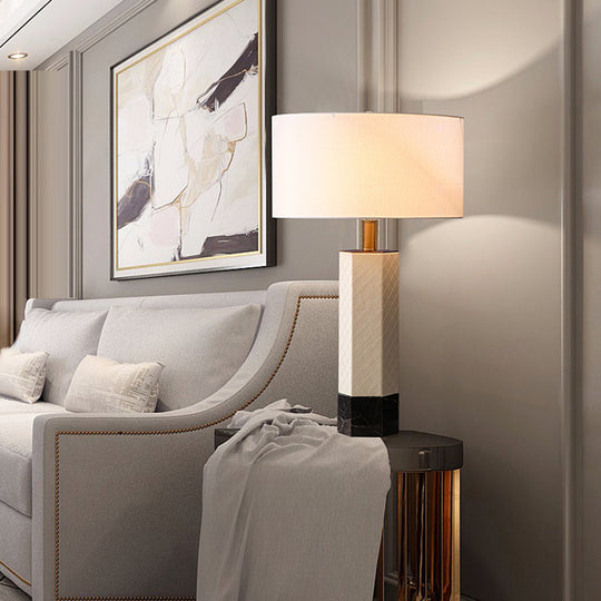 Postmodern Fabric Drum Table Lamp with Marble Base - 1-Light Nightstand Light, White