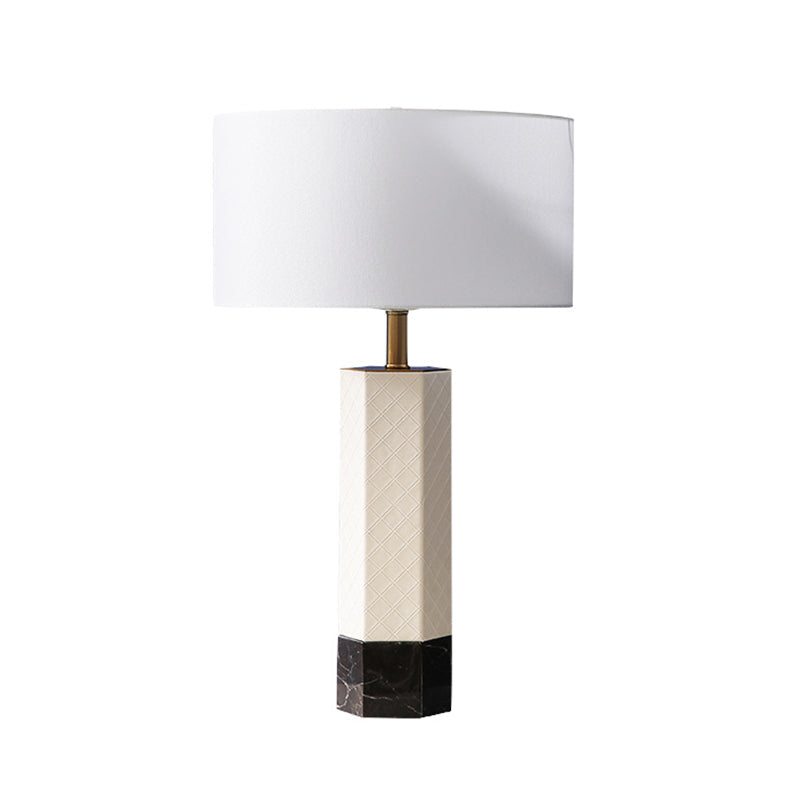 Postmodern Fabric Drum Table Lamp with Marble Base - 1-Light Nightstand Light, White