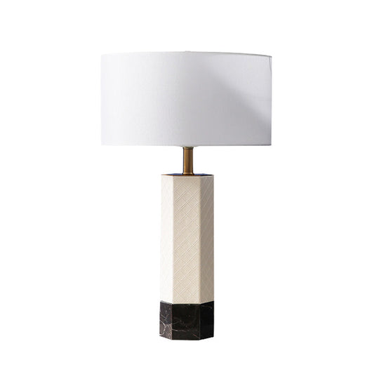 Postmodern Fabric Drum Table Lamp with Marble Base - 1-Light Nightstand Light, White