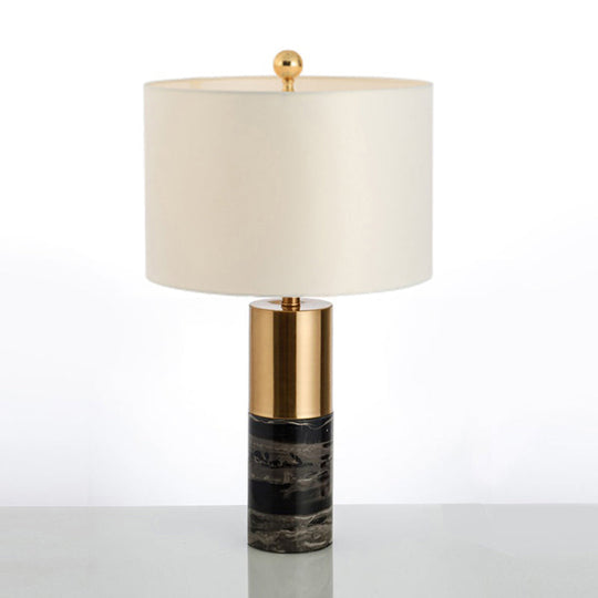 Nordic Style Marble Table Lamp with Fabric Shade - Cylindrical Design, 1 Bulb, Black Nightstand Lighting