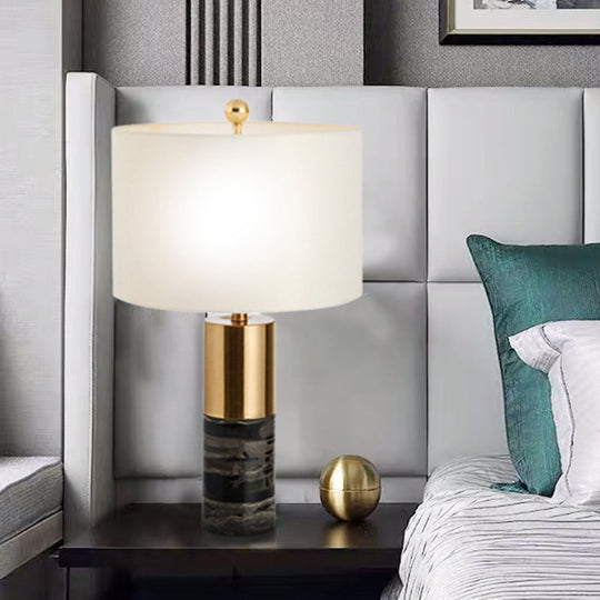 Nordic Style Marble Table Lamp with Fabric Shade - Cylindrical Design, 1 Bulb, Black Nightstand Lighting