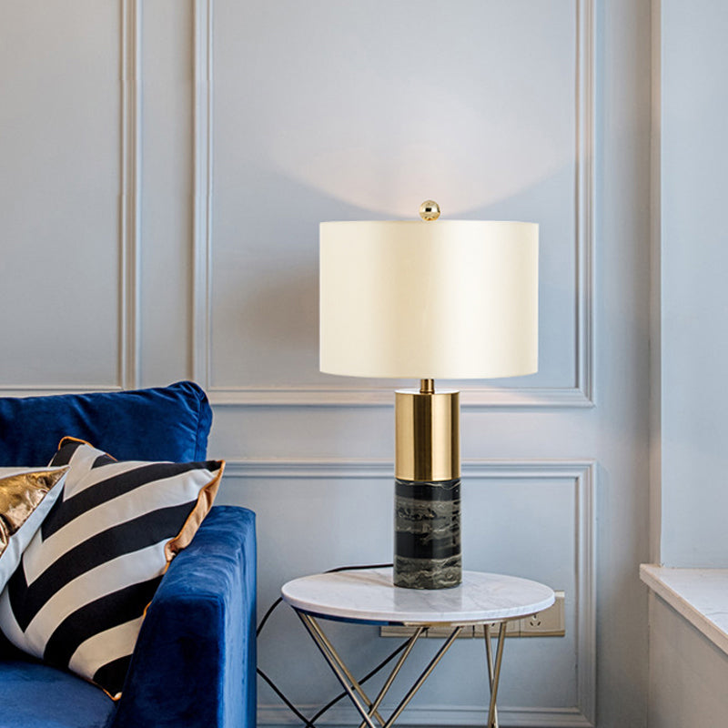 Nordic Style Marble Table Lamp with Fabric Shade - Cylindrical Design, 1 Bulb, Black Nightstand Lighting