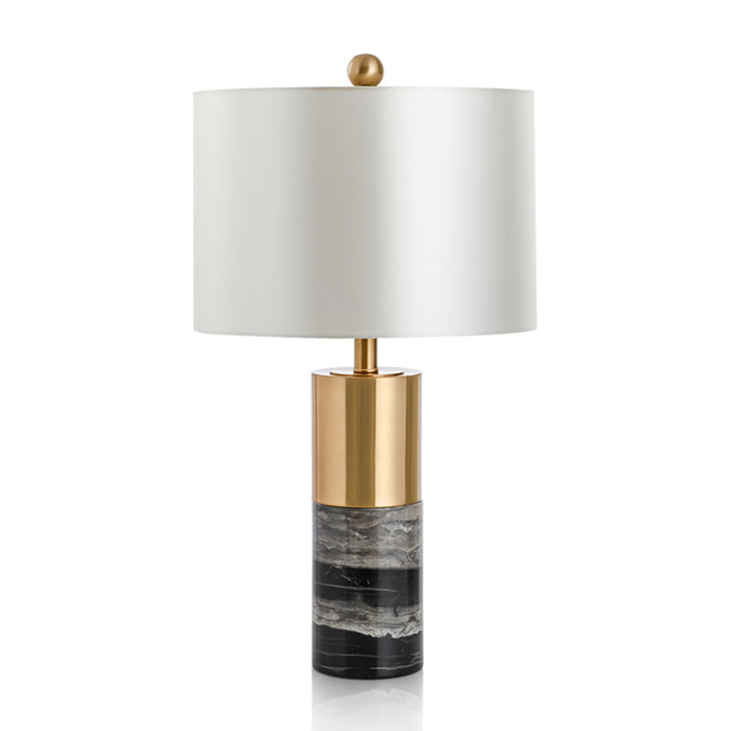 White Fabric Drum Table Lamp with Marble Base - Minimalist Living Room Nightstand Lighting