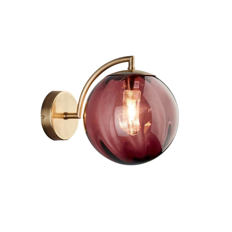 Postmodern Brass Ball Sconce Lamp - Red/Blue/Amber Glass, Single Light Wall Fixture