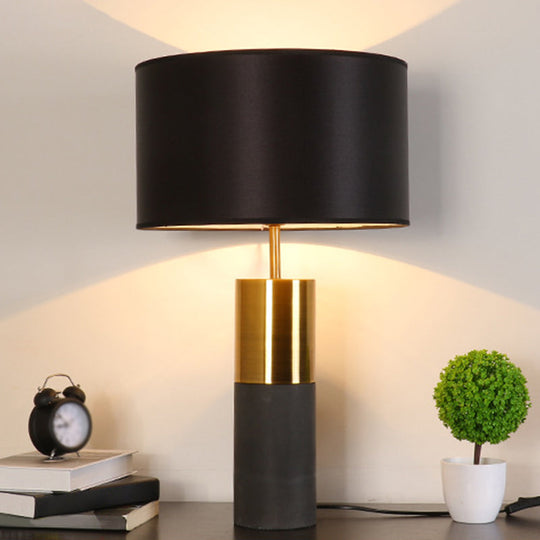 Cement Table Lamp - Minimalistic Single Nightstand Lighting with Drum Fabric Shade