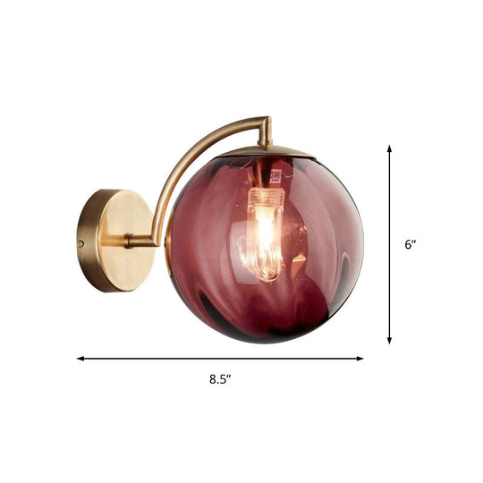 Postmodern Brass Ball Sconce Lamp - Red/Blue/Amber Glass, Single Light Wall Fixture