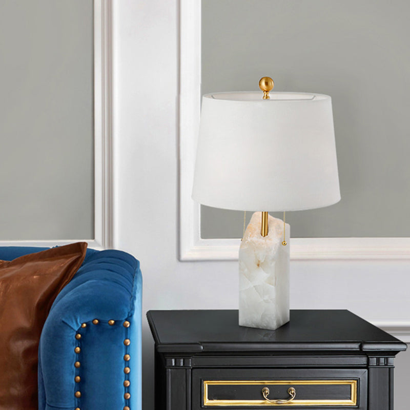 Minimalist White Table Lamp with Mica Base, Single-Bulb Design and Pull Chain