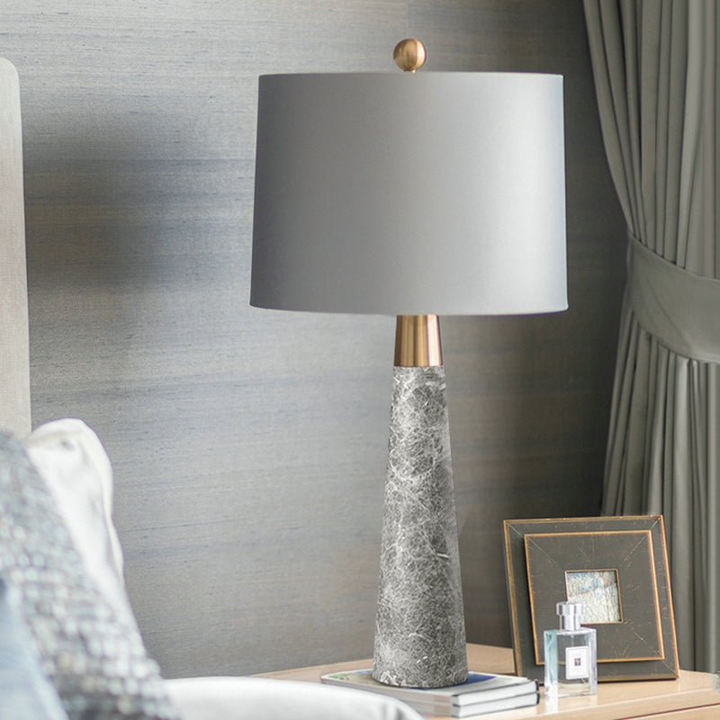 Sleek Conical Table Lamp with Marble Base - Elegant Grey Nightstand Light with Drum Fabric Shade