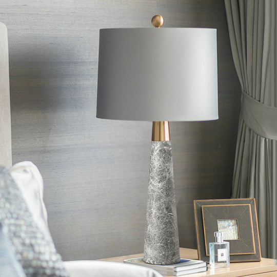 Sleek Conical Table Lamp with Marble Base - Elegant Grey Nightstand Light with Drum Fabric Shade