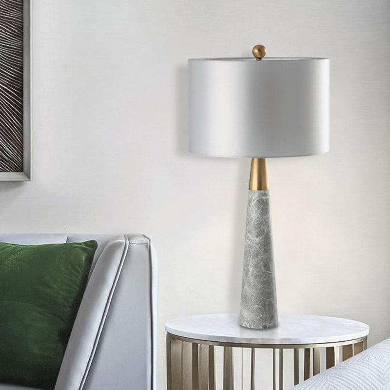 Sleek Conical Table Lamp with Marble Base - Elegant Grey Nightstand Light with Drum Fabric Shade