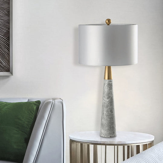 Sleek Conical Table Lamp with Marble Base - Elegant Grey Nightstand Light with Drum Fabric Shade