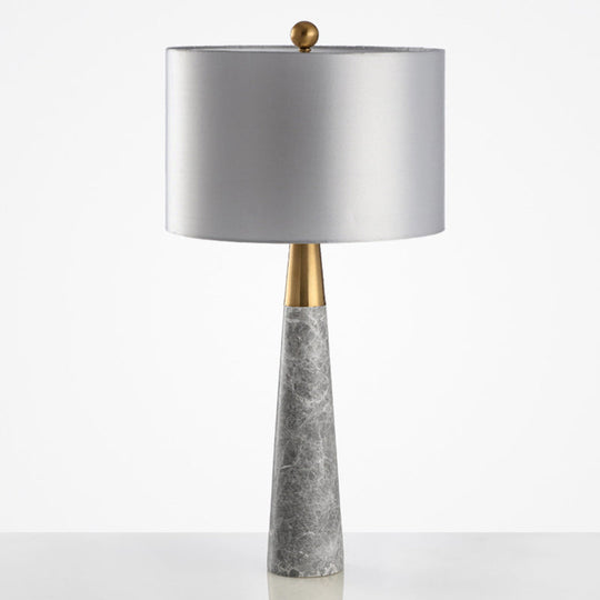 Sleek Conical Table Lamp with Marble Base - Elegant Grey Nightstand Light with Drum Fabric Shade