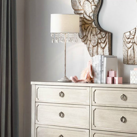 Traditional Fabric Drum Table Light for Bedroom Nightstand - White with Crystal Accent