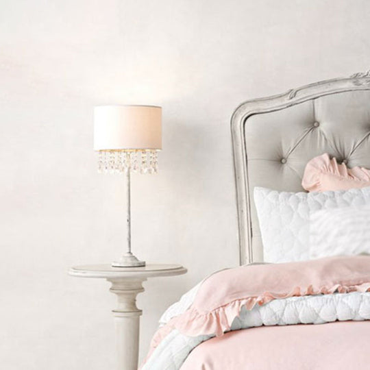 Traditional Fabric Drum Table Light for Bedroom Nightstand - White with Crystal Accent