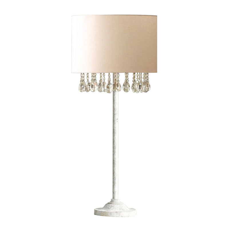 Traditional Fabric Drum Table Light for Bedroom Nightstand - White with Crystal Accent