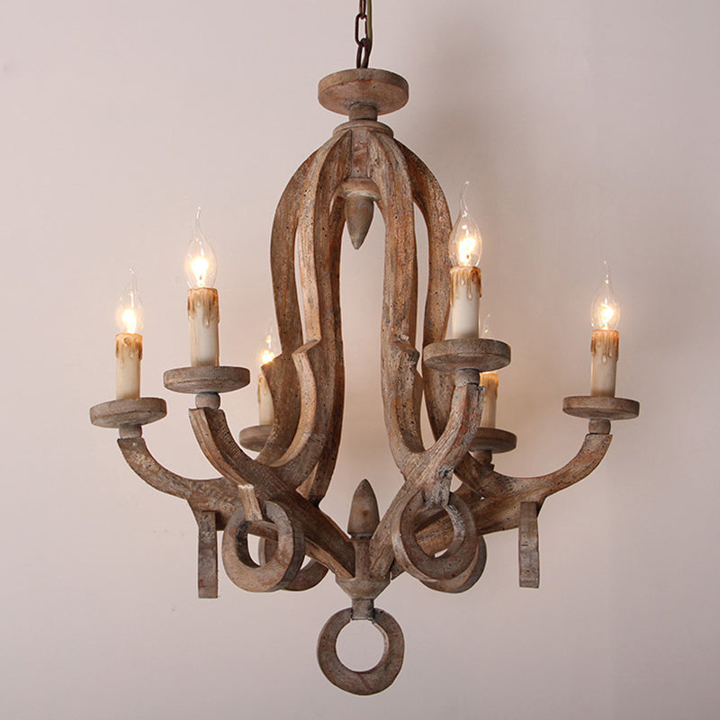 Vintage Wooden Candlestick Chandelier Pendant Light | 6 Bulb Hanging Fixture for Living Room