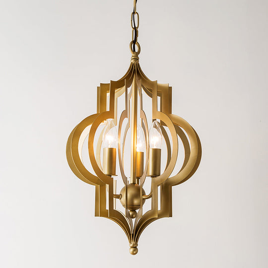 Retro Quatrefoil Gold Pendant Chandelier – 3-Bulb Metallic Light Fixture
