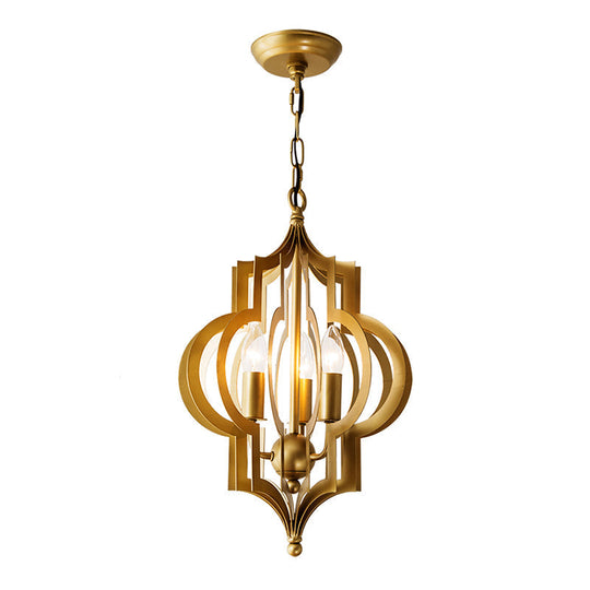 Retro Quatrefoil Gold Pendant Chandelier – 3-Bulb Metallic Light Fixture