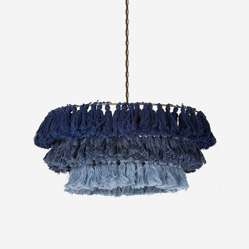 Simplicity Handwoven Fringe Chandelier Light Fixture - Tiered Round Ceiling Lighting with 3 Heads