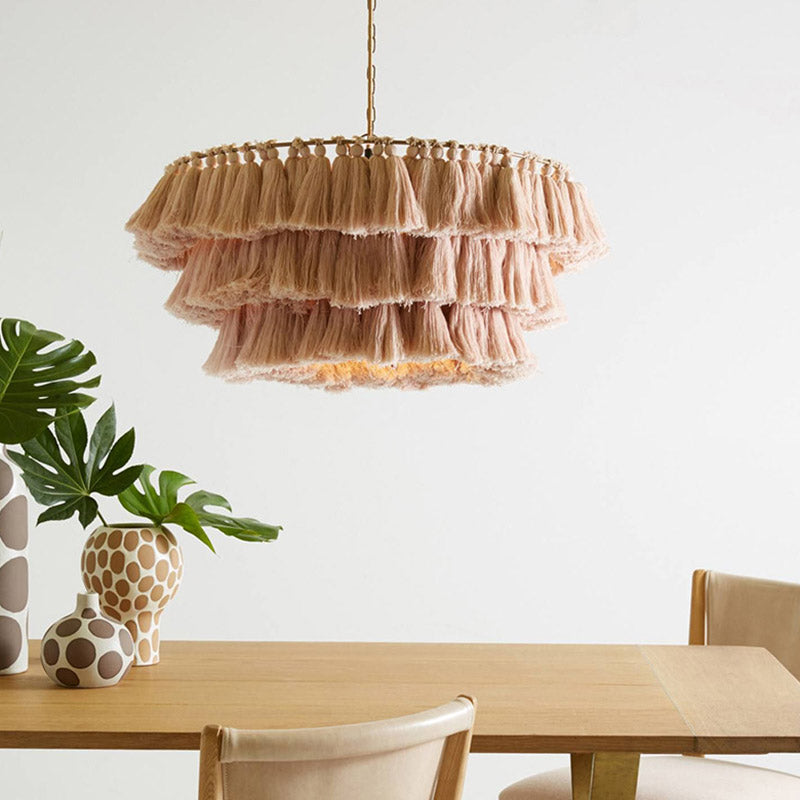 Simplicity Handwoven Fringe Chandelier Light Fixture - Tiered Round Ceiling Lighting with 3 Heads