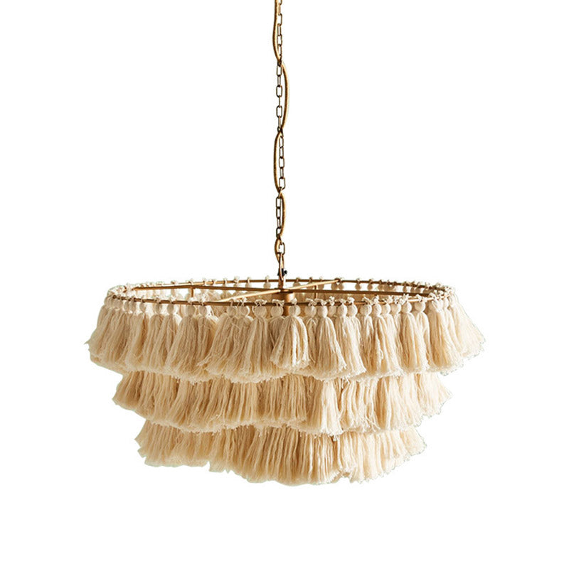 Simplicity Handwoven Fringe Chandelier Light Fixture - Tiered Round Ceiling Lighting with 3 Heads