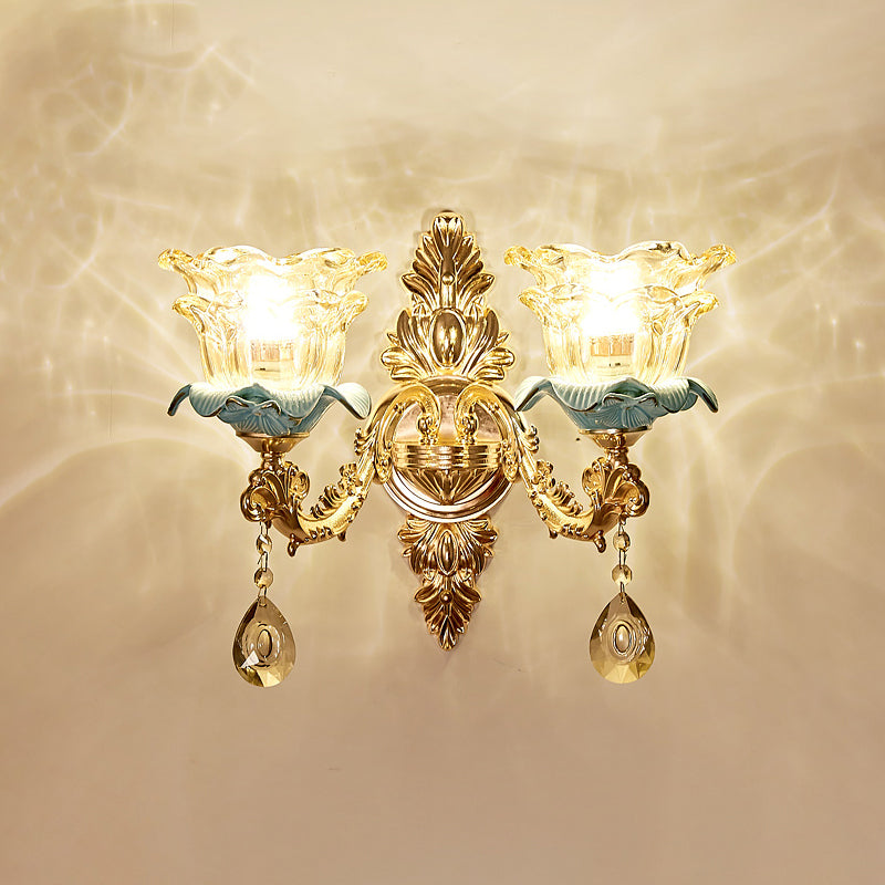 Classic Wall Light with Carved Glass Shade and Gold Finish