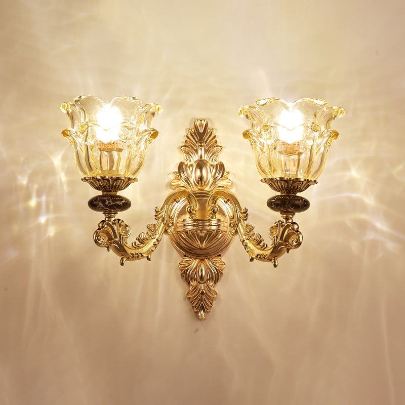 Classic Wall Light with Carved Glass Shade and Gold Finish