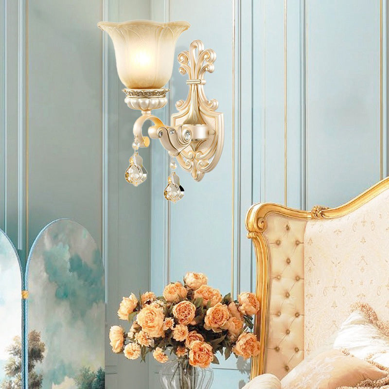Floral Beige Glass Wall Lamp with Crystal Draping - Retro Style Living Room Fixture