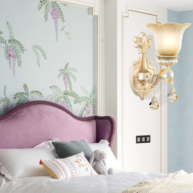 Floral Beige Glass Wall Lamp with Crystal Draping - Retro Style Living Room Fixture