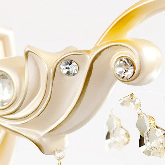 Floral Beige Glass Wall Lamp with Crystal Draping - Retro Style Living Room Fixture