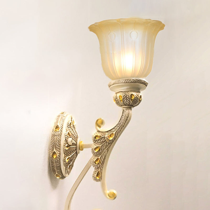Floral Beige Glass Wall Lamp with Crystal Draping - Retro Style Living Room Fixture