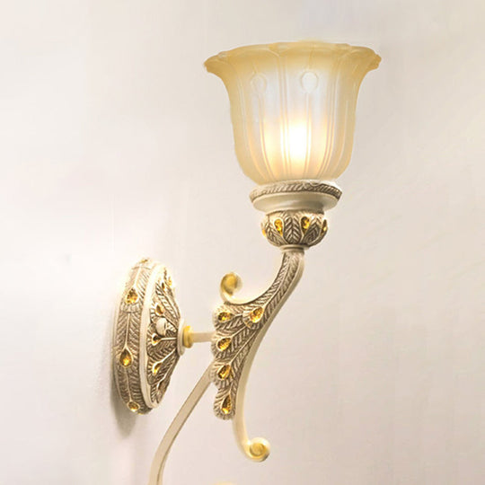 Floral Beige Glass Wall Lamp with Crystal Draping - Retro Style Living Room Fixture