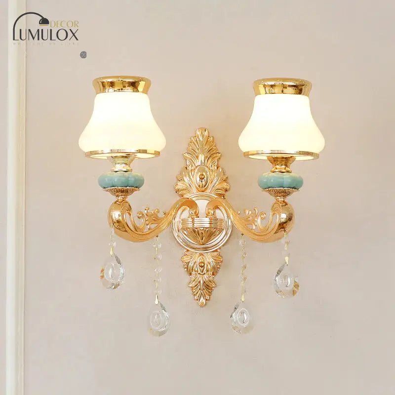 Opal Glass  K9 Crystal Wall Light Classic Living Room Wall Lighting Fixture with Accent in Gold