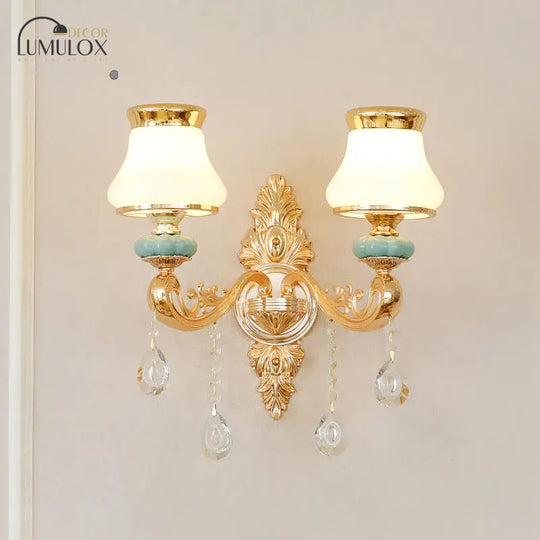 Opal Glass  K9 Crystal Wall Light Classic Living Room Wall Lighting Fixture with Accent in Gold