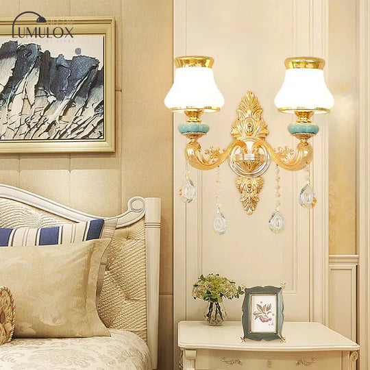 Opal Glass  K9 Crystal Wall Light Classic Living Room Wall Lighting Fixture with Accent in Gold