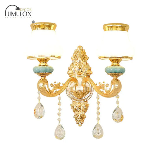 Opal Glass  K9 Crystal Wall Light Classic Living Room Wall Lighting Fixture with Accent in Gold