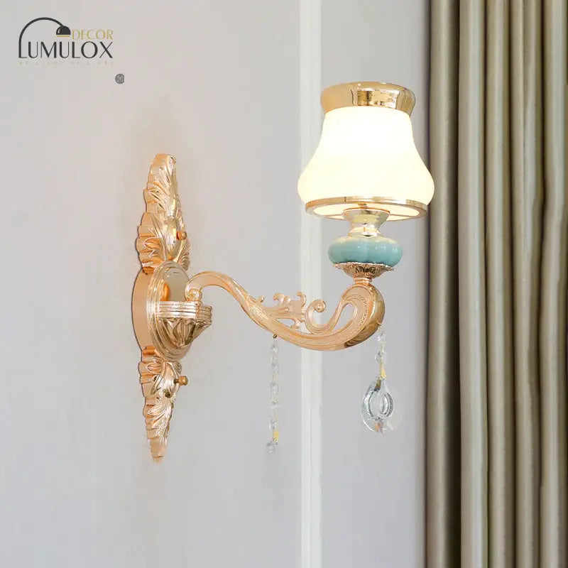 Opal Glass  K9 Crystal Wall Light Classic Living Room Wall Lighting Fixture with Accent in Gold