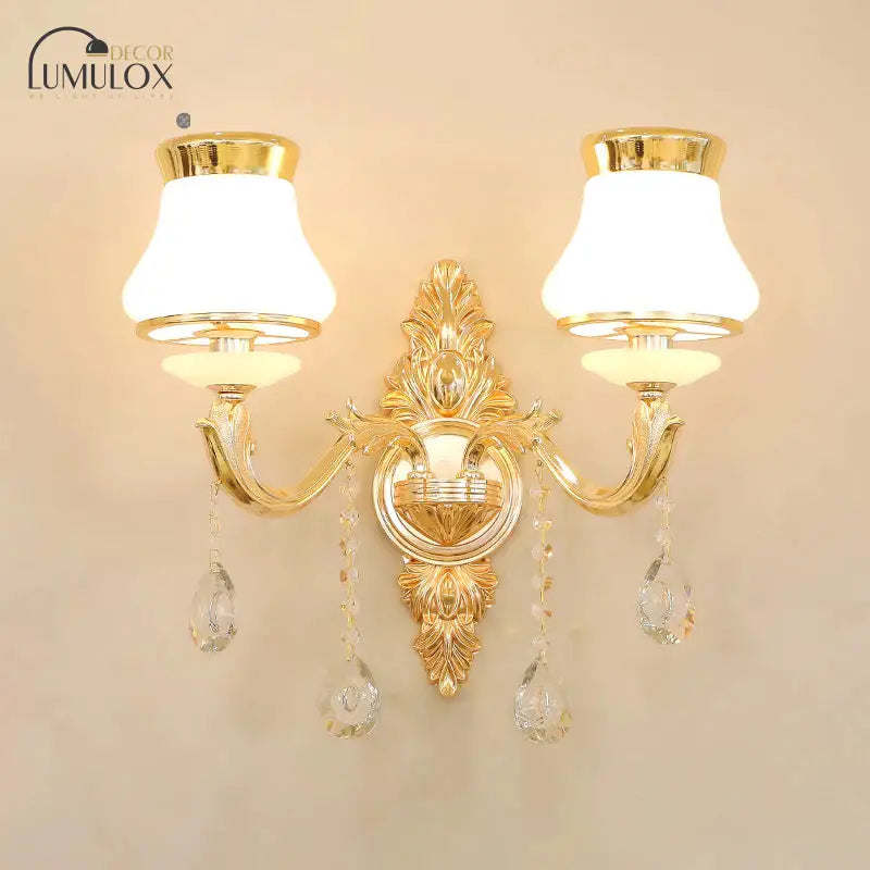 Opal Glass  K9 Crystal Wall Light Classic Living Room Wall Lighting Fixture with Accent in Gold