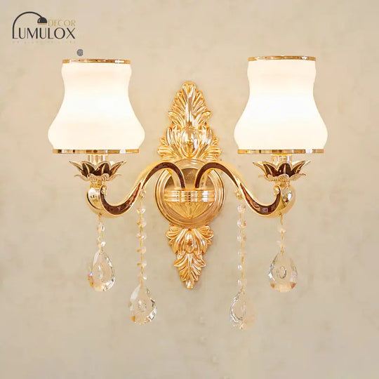 Opal Glass  K9 Crystal Wall Light Classic Living Room Wall Lighting Fixture with Accent in Gold
