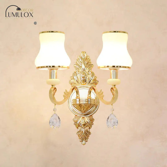 Opal Glass  K9 Crystal Wall Light Classic Living Room Wall Lighting Fixture with Accent in Gold