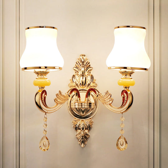 Gold Frosted Glass Flower Wall Mount Light with Crystal Draping - Traditional Corridor Fixture