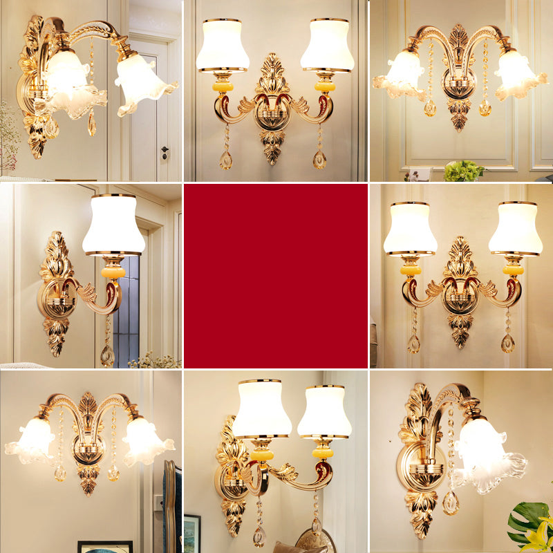 Gold Frosted Glass Flower Wall Mount Light with Crystal Draping - Traditional Corridor Fixture