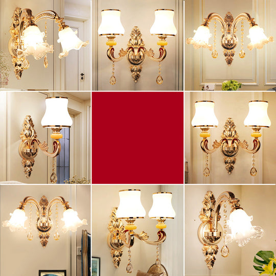 Gold Frosted Glass Flower Wall Mount Light with Crystal Draping - Traditional Corridor Fixture