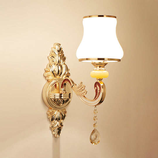 Gold Frosted Glass Flower Wall Mount Light with Crystal Draping - Traditional Corridor Fixture