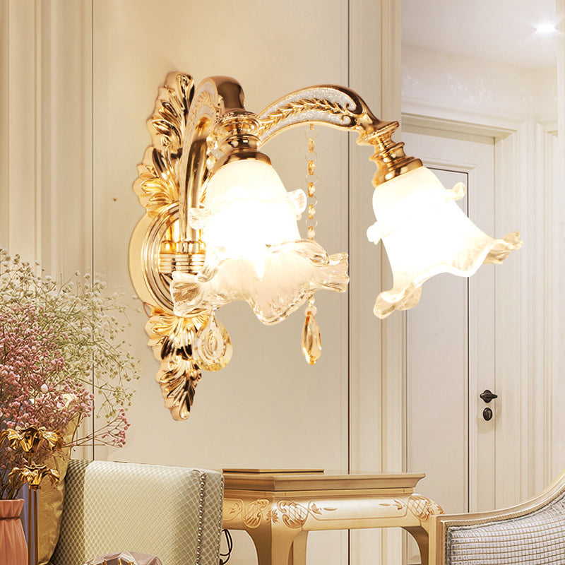 Gold Frosted Glass Flower Wall Mount Light with Crystal Draping - Traditional Corridor Fixture
