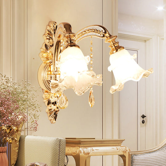 Gold Frosted Glass Flower Wall Mount Light with Crystal Draping - Traditional Corridor Fixture