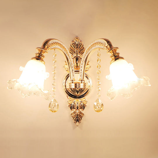 Gold Frosted Glass Flower Wall Mount Light with Crystal Draping - Traditional Corridor Fixture