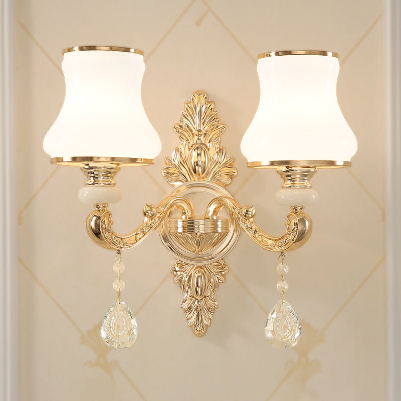 Gold Corridor Wall Light with Opaline Glass Shade and Crystal Accent